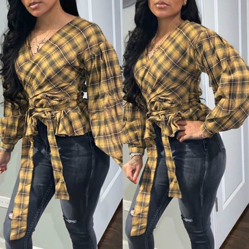 

Lovely Casual Plaid Print Yellow Blouse