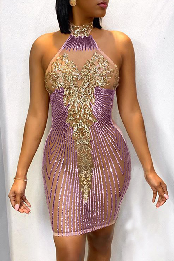 

Lovely Party Sequin Patchwork Purple Mini Dress