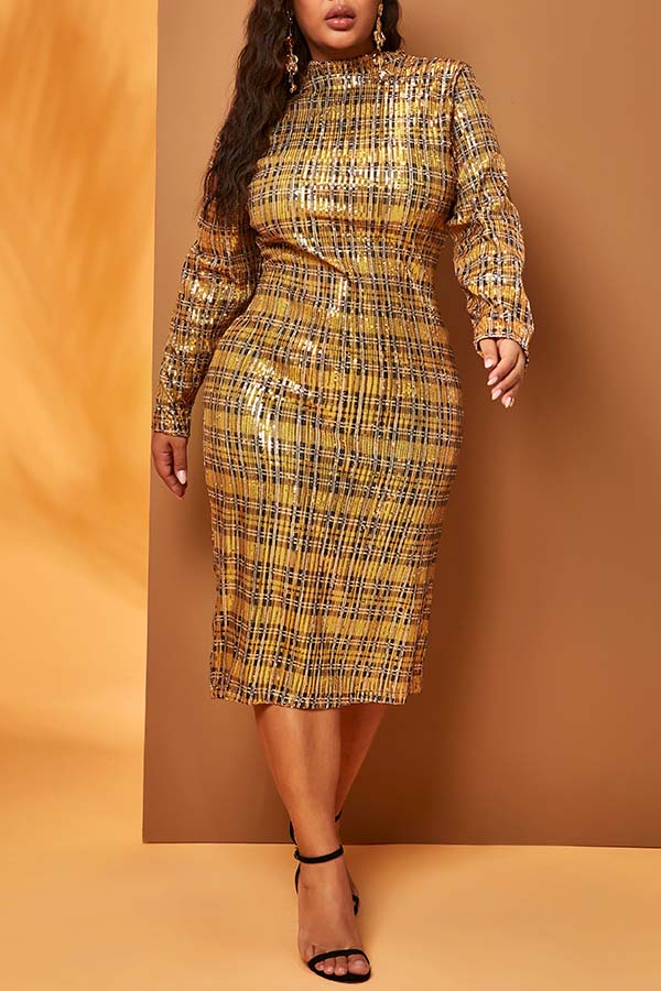 

Lovely Casual Plaid Print Yellow Knee Length Plus Size Dress