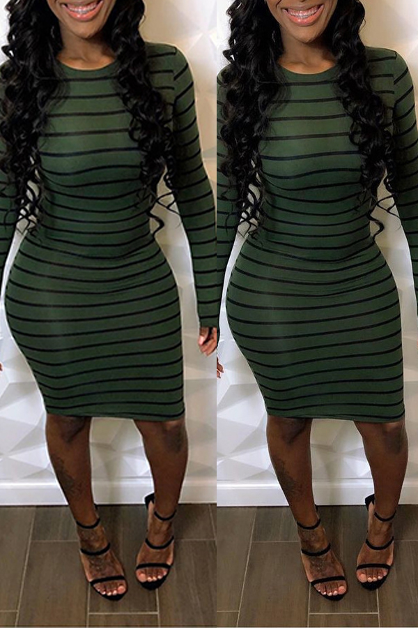

Lovely Casual Striped Olive Knee Length Dress