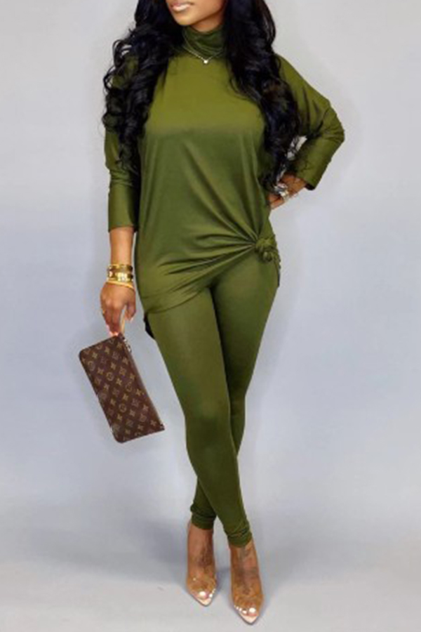 

Lovely Casual Turtleneck Basic Green Two-piece Pants Set