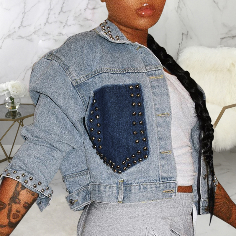 

Lovely Casual Rivet Decorative Blue Coat