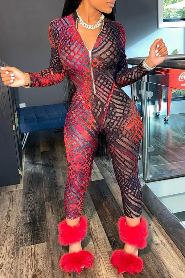 

Lovely Chic Print Skinny Red One-piece Jumpsuit