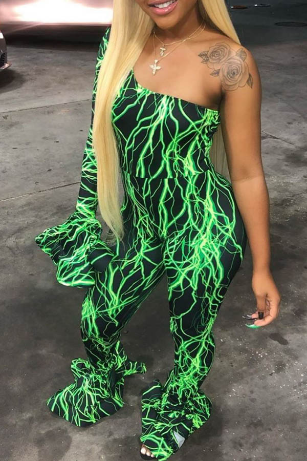 

Lovely Sexy One Shoulder Green One-piece Jumpsuit