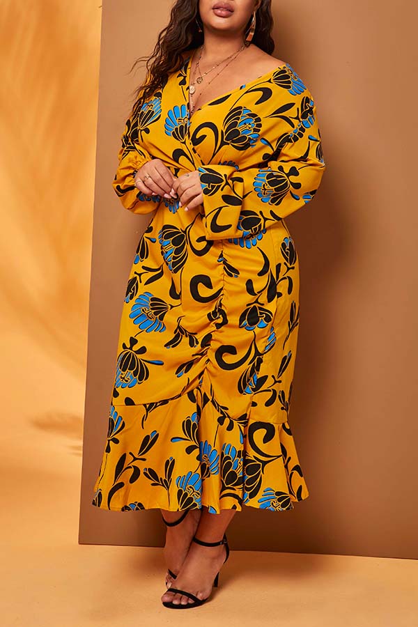 

Lovely Casual V Neck Print Yellow Mid Calf Plus Size Dress