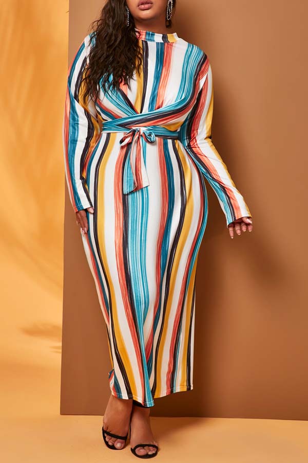 

Lovely Casual Striped Multicolor Mid Calf Plus Size Dress, Multicolor mstn