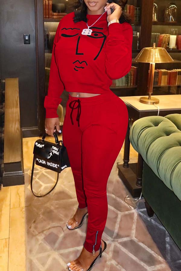 

Lovely Casual Print Red Two-piece Pants Set