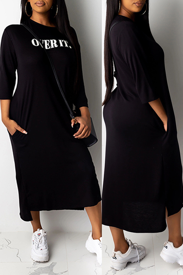 

Lovely Casual Letter Print Black Mid Calf Dress