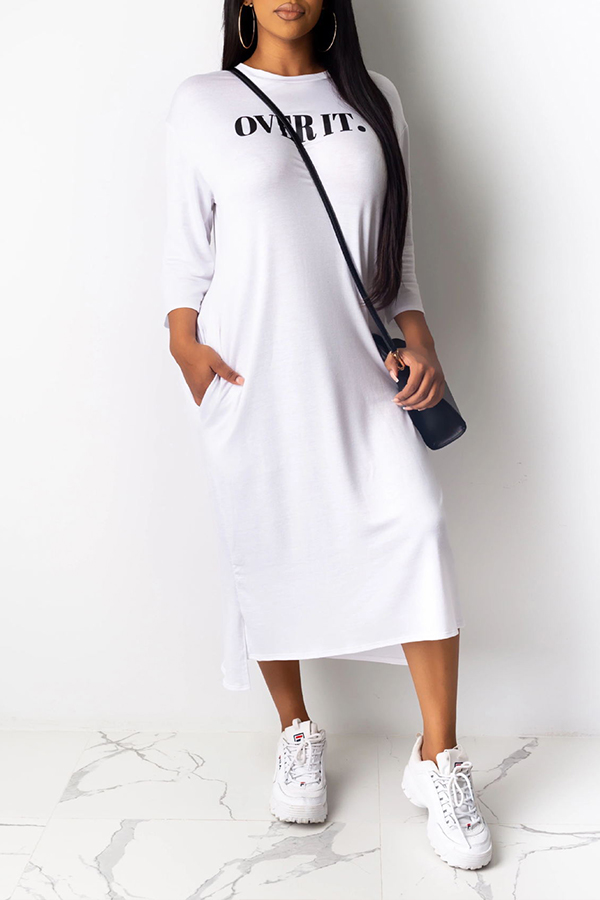 

Lovely Casual Letter Print White Mid Calf Dress