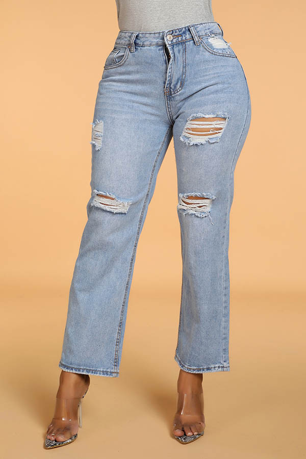 

Lovely Casual Hollow-out Baby Blue Jeans
