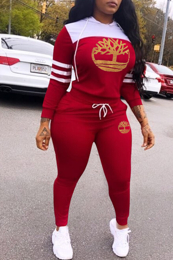 

Lovely Casual Hooded Collar Print Red Two-piece Pants Set