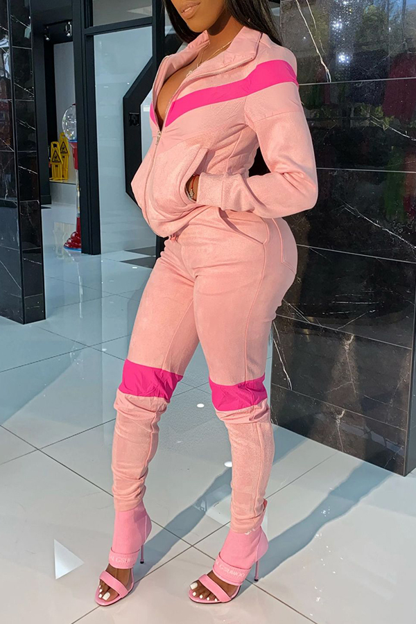 

Lovely Casual Patchwork Pink Two-piece Pants Set