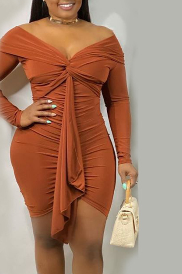 

Lovely Chic V Neck Ruffle Design Brown Mini Dress