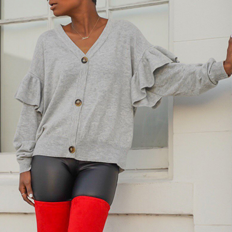 

Lovely Casual V Neck Flounce Grey Cardigan