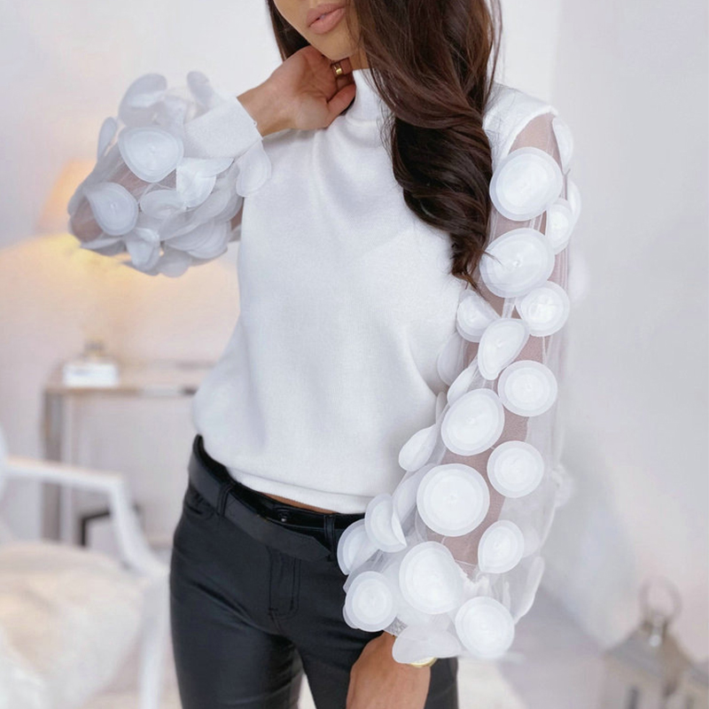 

Lovely Sweet Turtleneck Patchwork White Blouse