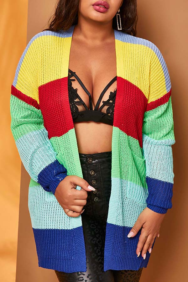 

Lovely Chic Color-lump Patchwork Multicolor Plus Size Cardigan, Multi