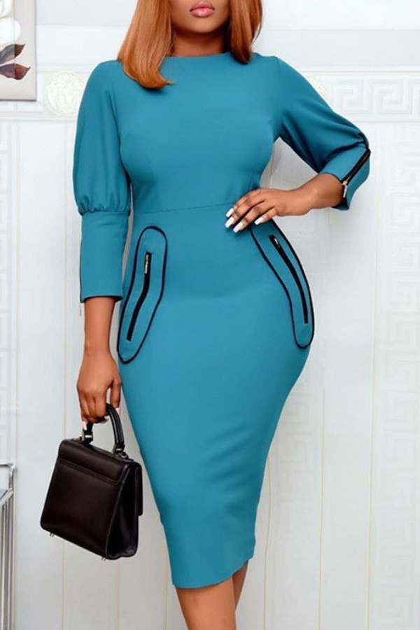 

Lovely Chic Zipper Design Acid Blue Knee Length Dress