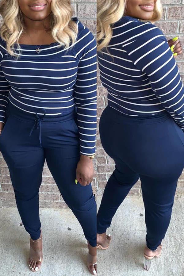 

Lovely Chic Striped Blue Two-piece Pants Set