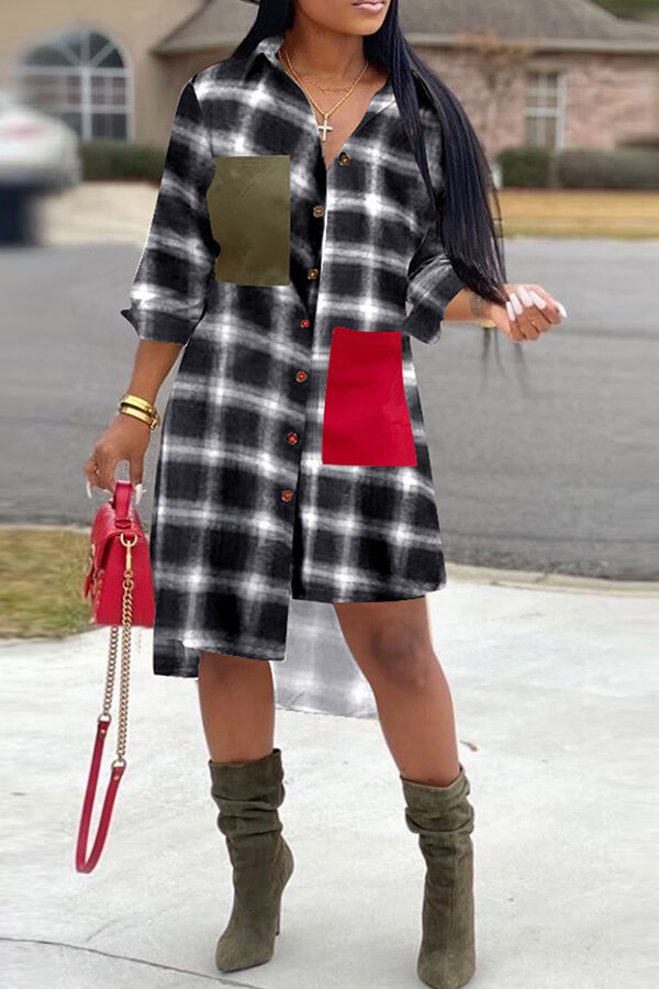 

Lovely Chic Turndown Collar Plaid White Mid Calf Dress