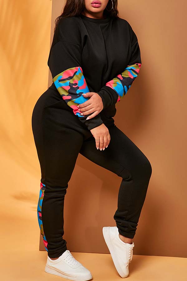 

Lovely Casual Print Black Plus Size Two-piece Pants Set