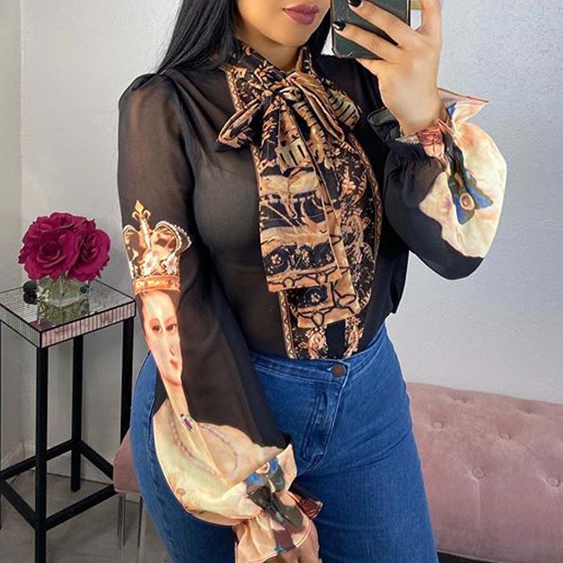 

Lovely Chic Print Black Blouse