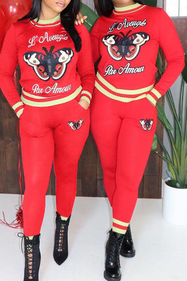 

Lovely Chic Print Red Two-piece Pants Set