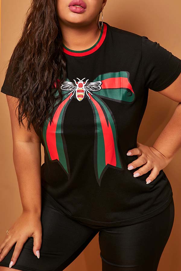 

Lovely Casual Print Black Plus Size T-shirt