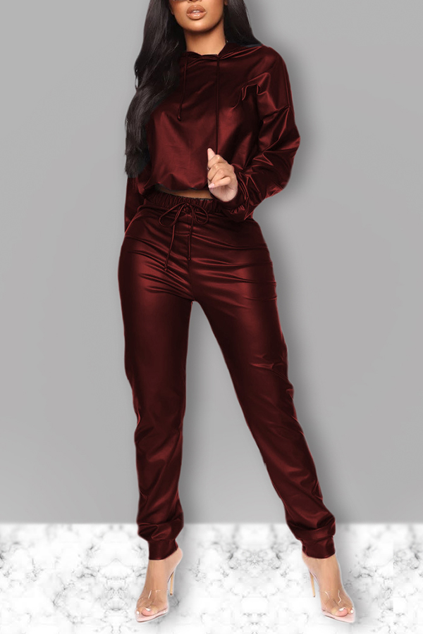 

Lovely Leisure Hooded Collar Crop Top Wine Red PU Two-piece Pants Set