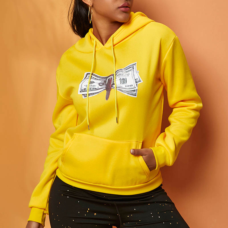 

Lovely Casual Hooded Collar Print Yellow Hoodie