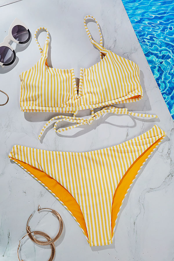 Lovely Striped Yellow Two-piece Swimsuit