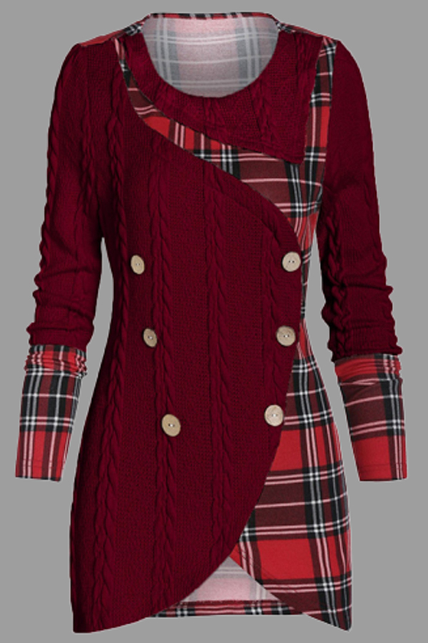 

Lovely Casual Patchwork Plaid Wine Red Plus Size Sweater