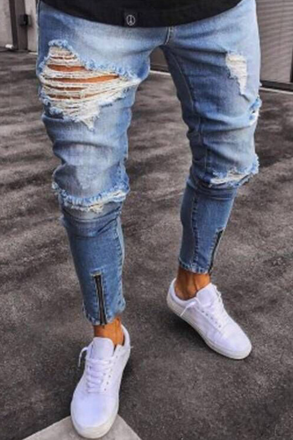 

Lovely Casual Hollow-out Baby Blue Jeans