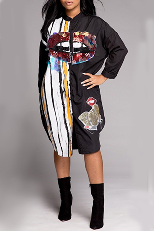 

Lovely Casual Print Patchwork Black Knee Length Dress