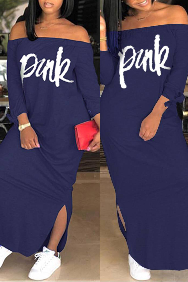 

Lovely Casual Letter Blue Ankle Length Dress