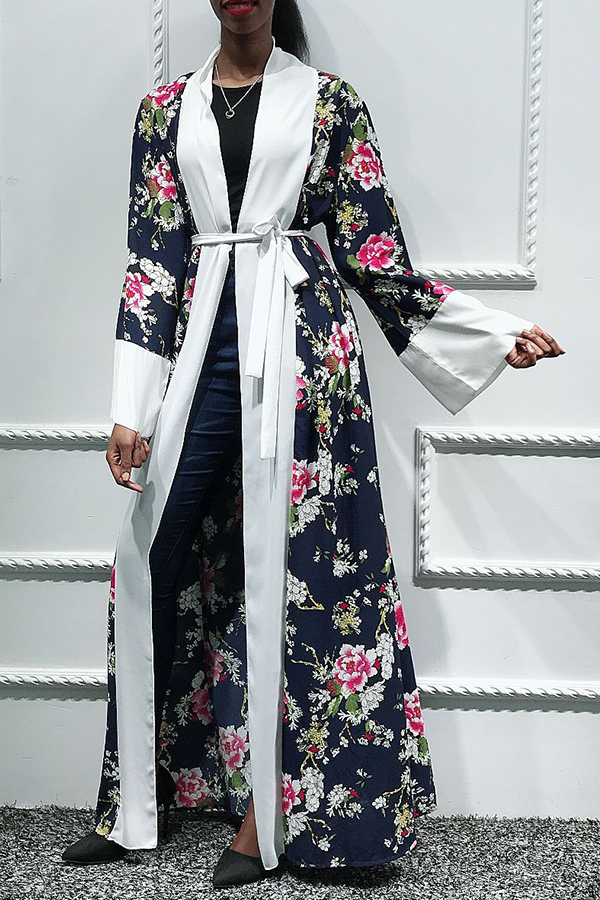 

Lovely Casual Print Dark Blue Coat