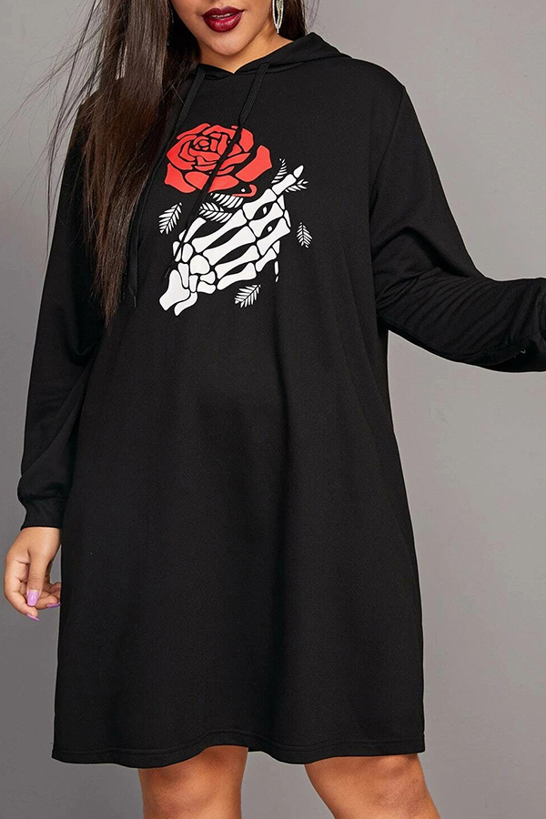 

Lovely Casual Hooded Collar Print Black Plus Size Mini Dress