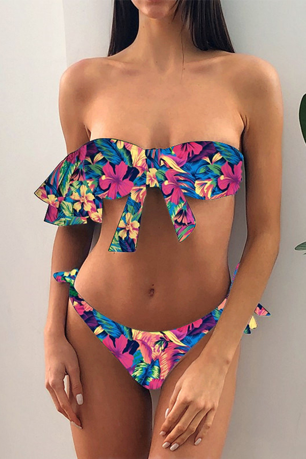 Lovely Bohemian Floral Print Multicolor Two-piece Swimsuit