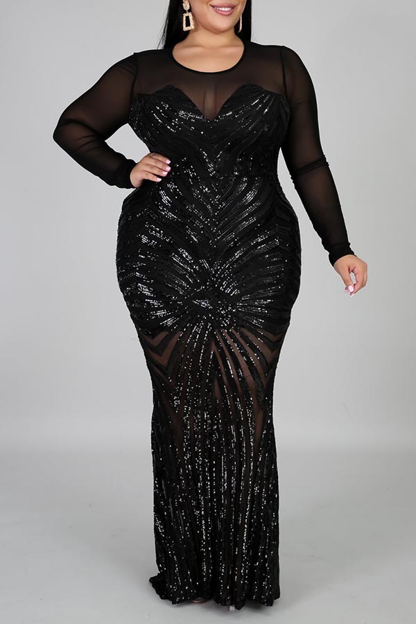 

Lovely Casual See-through Black Plus Size Maxi Dress