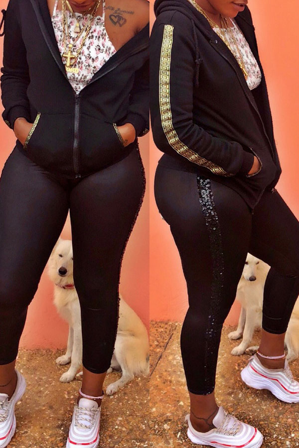 

Lovely Chic Zipper Skinny Black Two-piece Pants Set