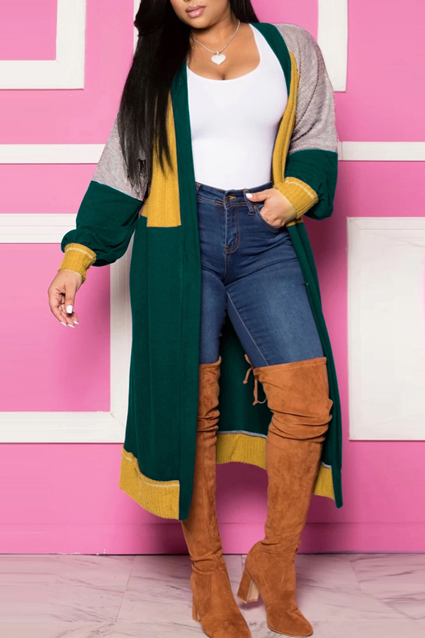 

Lovely Casual Patchwork Green Cardigan