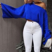 Lovely Chic Dew Shoulder Blue Sweater