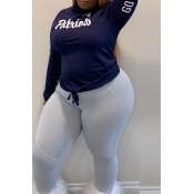 Lovely Casual Letter Dark Blue Plus Size Two-piece