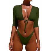 Lovely Lace-up Army Green Two-piece Swimsuit