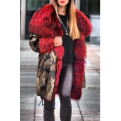 Lovely Casual Patchwork Red Parka Coat