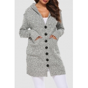 Lovely Casual Hooded Collar Buttons Light Grey Car