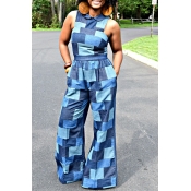 Lovely Casual Color-lump Patchwork Blue One-piece 