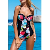 Lovely Bohemian Floral Black One-piece Swimsuit