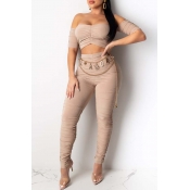 Lovely Trendy Dew Shoulder Apricot Two-piece Pants