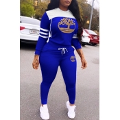 Lovely Casual Hooded Collar Print Blue Two-piece P