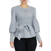 Lovely Casual Knot Design Grey Blouse